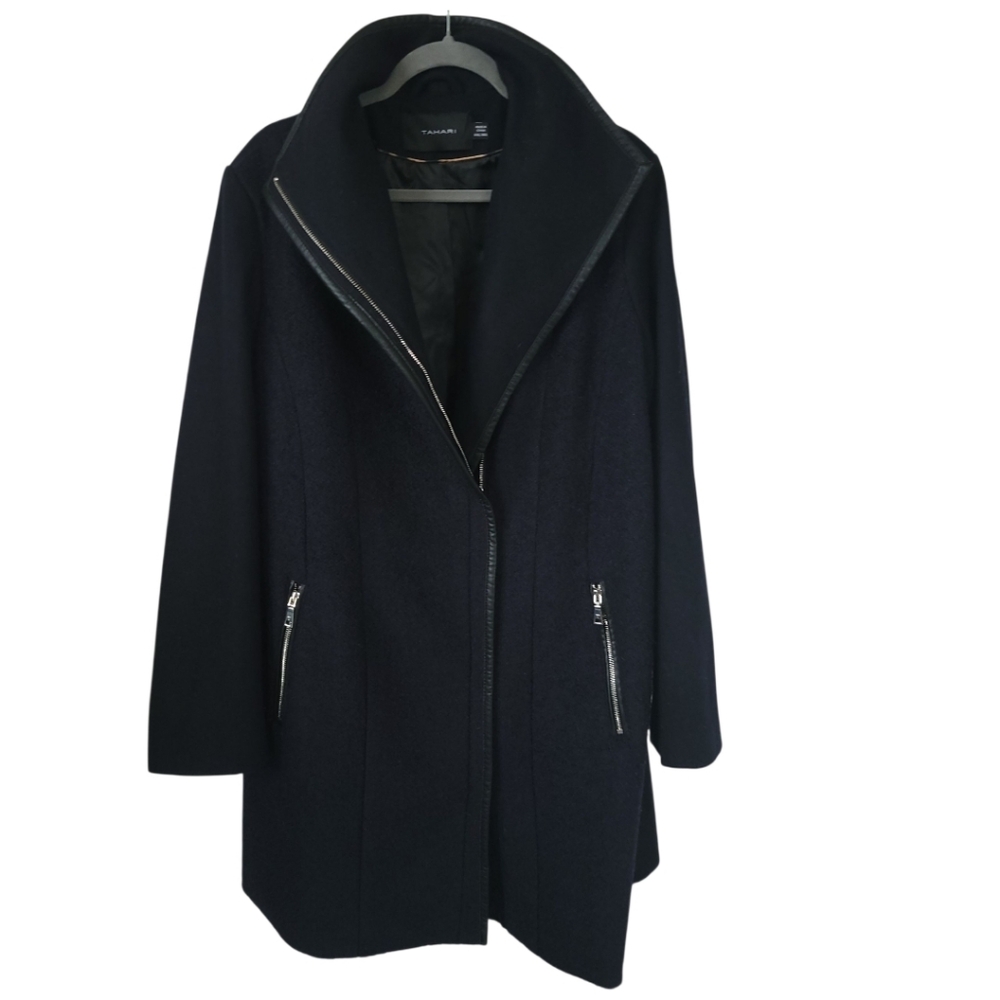 Tahari Elaine XXL Wool Blend Pea Coat Navy Asymmetrical Zip Collar Office - Picture 3 of 16